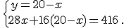 \,\{\,y=20-x\\28x+16(20-x)=416\,.